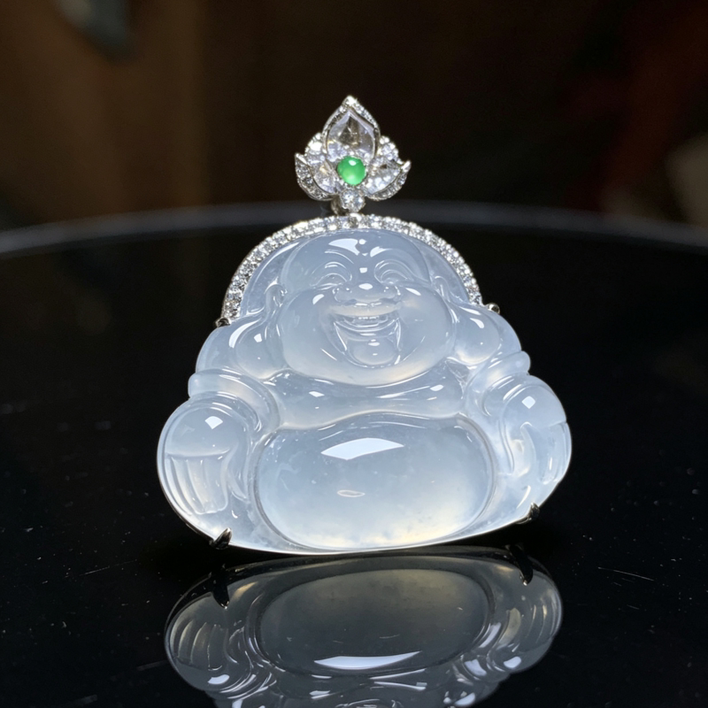 翠之匠天然翡翠高冰种木纳雪花棉18k金镶嵌吊坠一刀切笑脸佛挂件