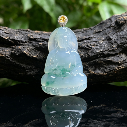 缅甸A货翡翠冰种飘花观音吊坠