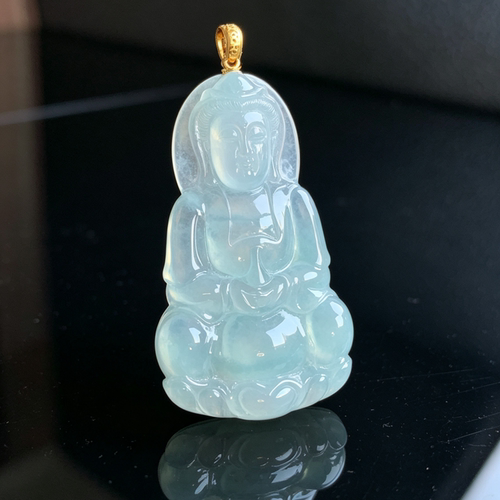 翡翠A货冰种18K金观音吊坠