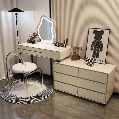 奶2油风梳妆台岩板实ZTG木红伸网缩化台妆卧室现代简约204床头柜