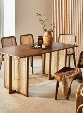 日UJL合式餐桌蜡木藤编餐桌椅组复古简约白长椅子胡桃色实木桌凳