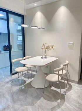 奶油风纯白色光餐岩板旋转哑伸缩折叠华尔兹餐桌KWX方变圆两桌用