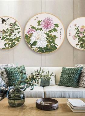 中式工花鸟画实木圆形装饰画餐厅挂画框画圆玄关NIF新壁笔画客厅