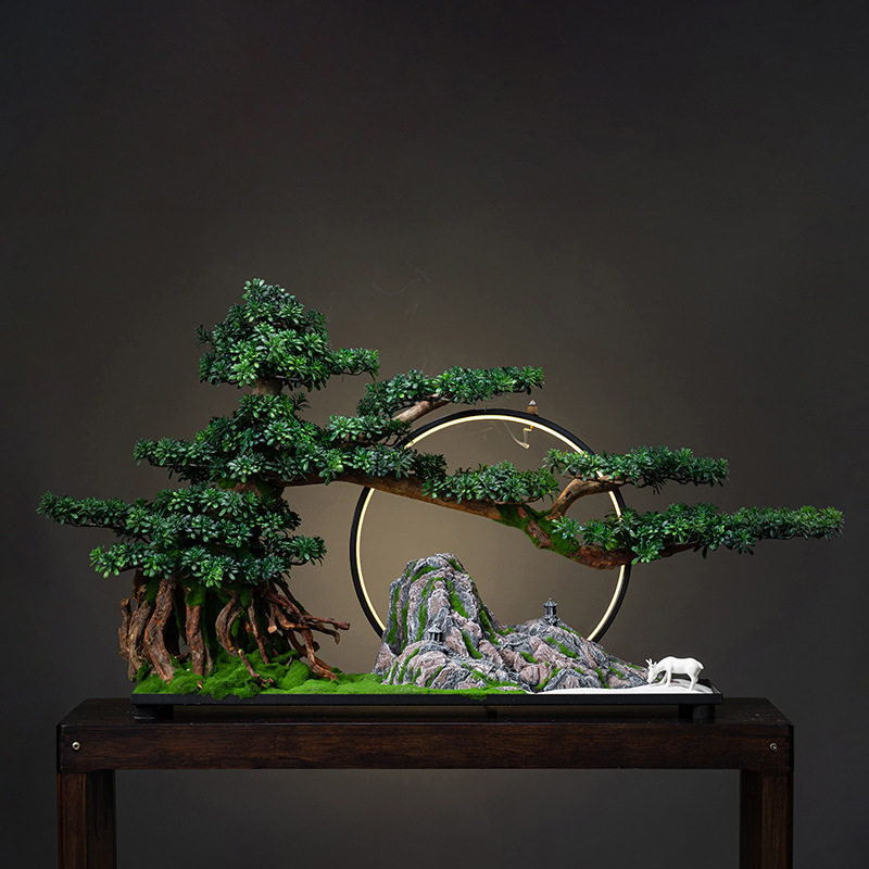 禅意仿真迎客松盆景摆件