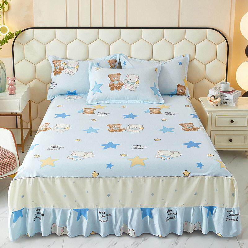 上韩版床裙纯AY-2025-棉四件套小清新印斜纹床被花罩通床用品三件