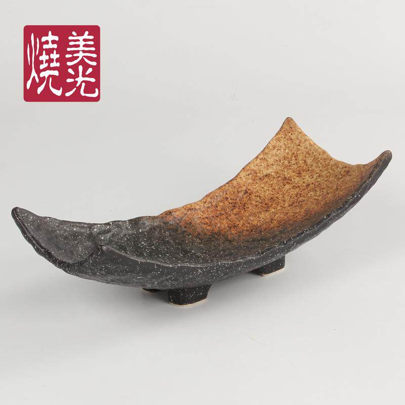 美光日式粗陶异形餐BBQ具和风陶瓷创意烧弯形盘子鱼盘餐盘冷菜盘