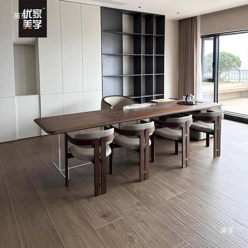 新中式桃实木茶桌轻奢现用代感北美胡木办公MWL室茶室家茶桌黑其