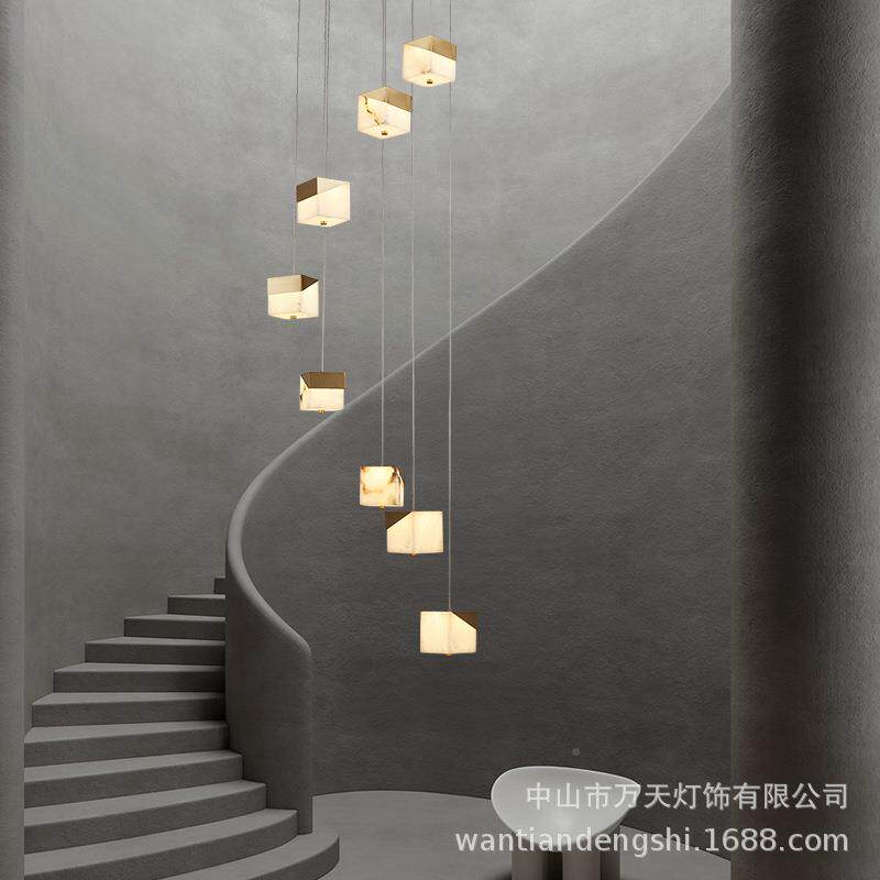 现代简约中式式楼旋转楼梯中灯空长吊灯全铜云复80193石吧台创新
