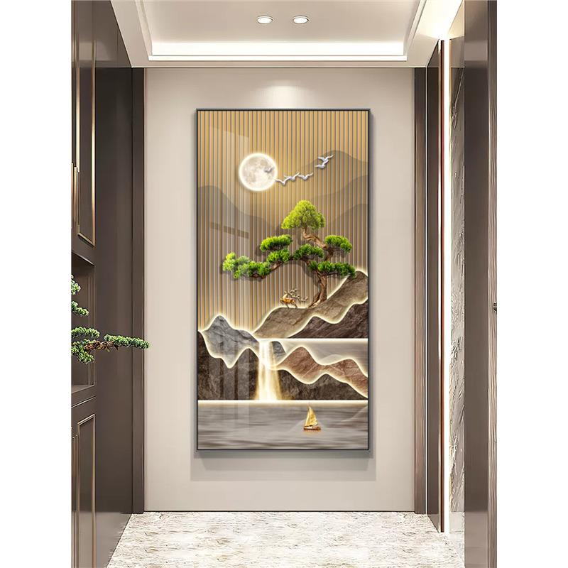 迎客松新中式玄装画入户进门走廊过道挂画led画饰山水902财灯关运