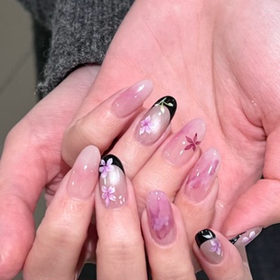 2026新款 花朵穿戴甲手工中长简约海莉美甲高级绝美杏仁指甲 法式