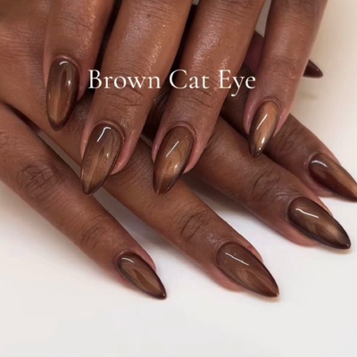 棕色猫眼纯色海莉穿戴甲手工中长款简约老钱美甲高级绝美杏仁指甲