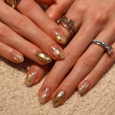 2026新款金色星芒金箔猫眼穿戴甲手工中长美甲高级绝美杏仁指甲