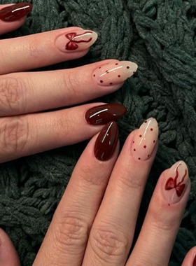 红色新年海莉穿戴甲手工中长款简约老钱美甲高级绝美杏仁指甲