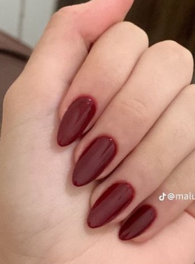 新年红色纯色海莉穿戴甲手工中长简约老钱美甲高级绝美杏仁指甲