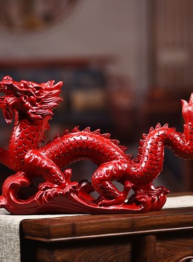 木雕龙摆件实木龙摆件十二生肖龙工艺家居客厅办公室装饰红龙摆件