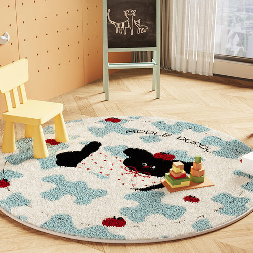 卡通圆形地毯儿童卧室耐脏仿羊绒地垫家用懒人床边毯阅读区防滑毯
