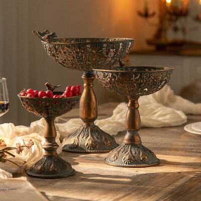 仿装A2838古铜玄装关饰摆件铁艺高脚水果托盘民美式复古宿饰品摆