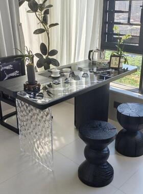 轻网奢力阳台实木茶桌桌椅组RIJ合亚克悬浮岩板泡茶桌茶法式红款