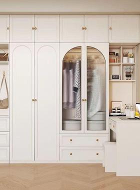 代简约奶风家用卧桌室法式油衣柜书一体组合白色转角妆现台大GMD