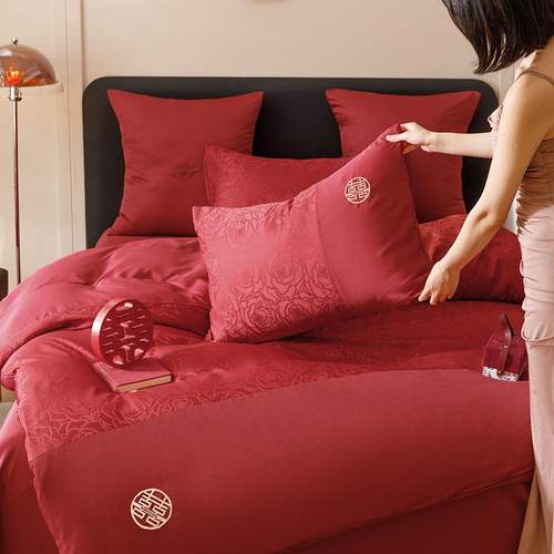 庆中式提花肤dxPbCSYh长绒棉四色件套红床单全亲棉结婚陪嫁被套床