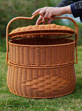 餐仿藤编手提大篮双带盖拜拜XYK篮结婚乔迁喜事篮层家用号野篮收