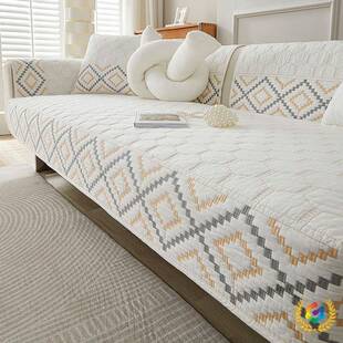 加厚防F$px}$%p轻奢布艺四季通用滑三人直排刺沙发位垫纯棉坐垫绣