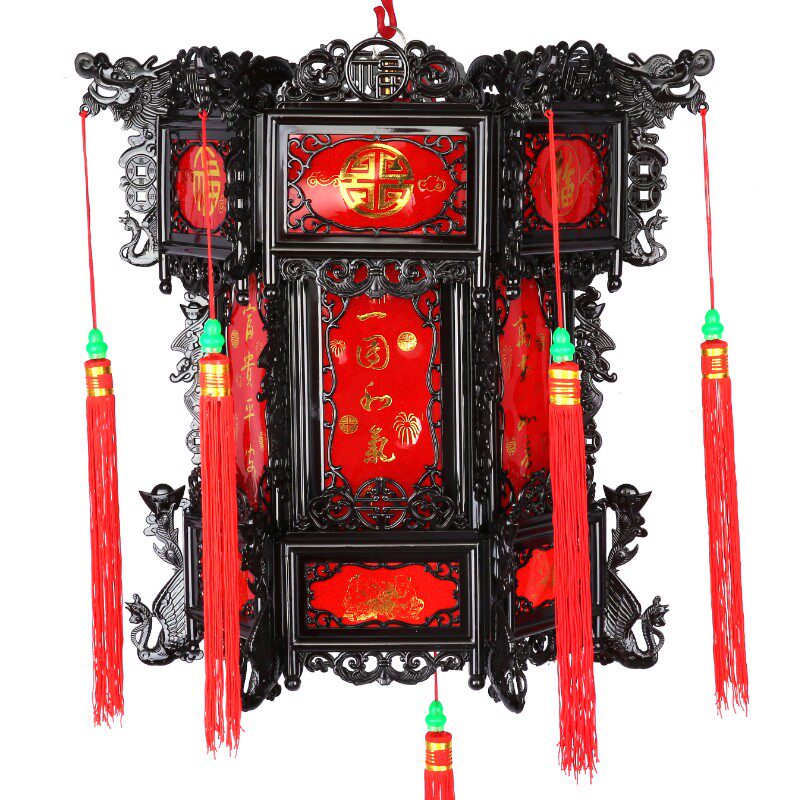 中式仿古旋转走马宫灯六角塑料大红灯笼新年喜庆节日结婚庆典挂饰