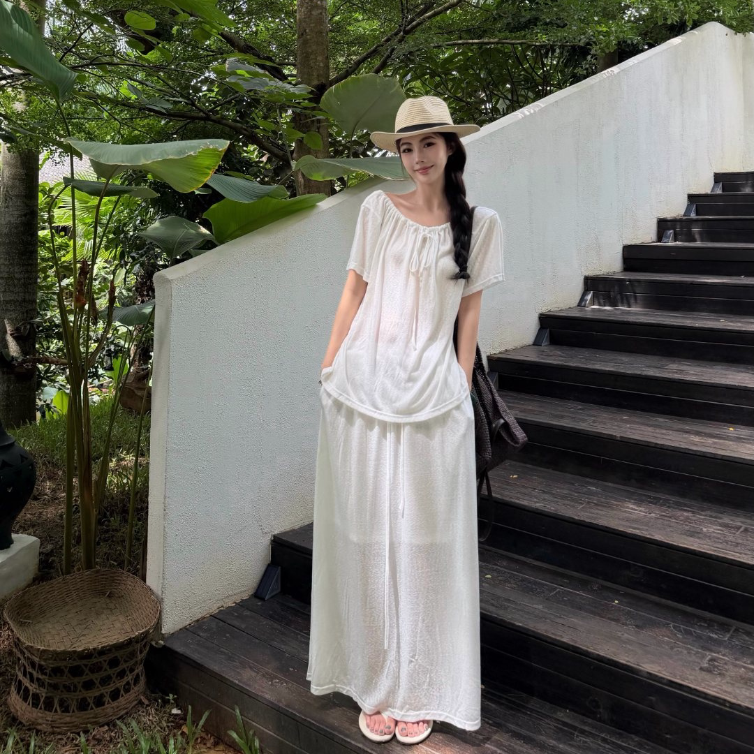 老钱风抽绳莱赛尔上衣半裙套装