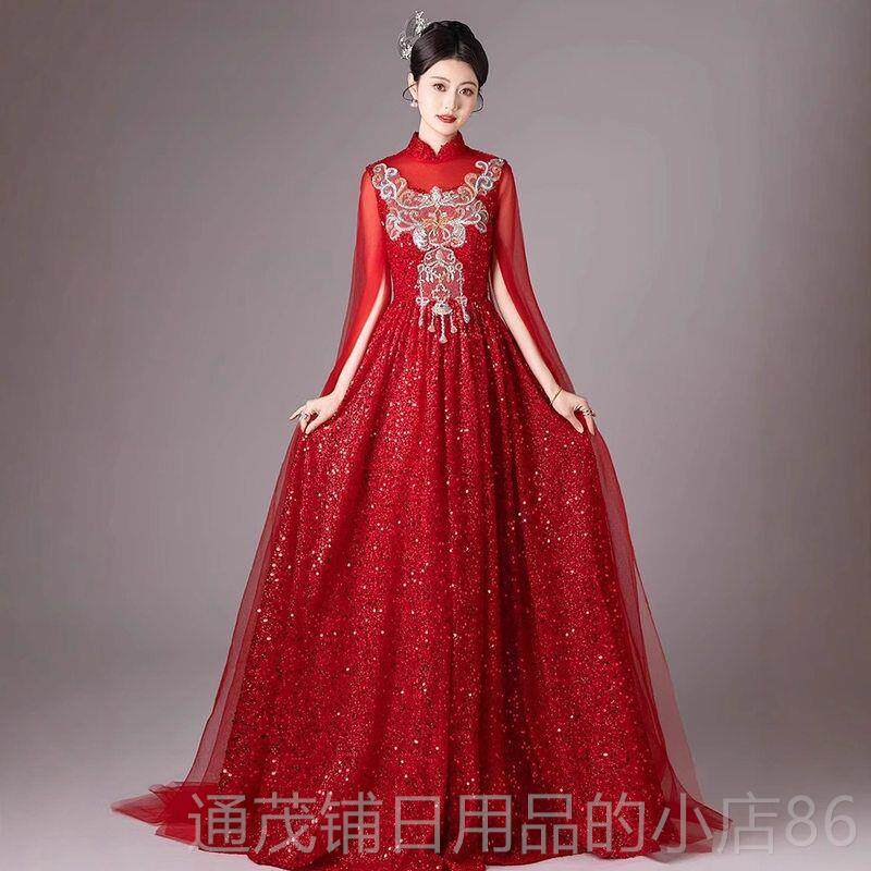 正品古筝演出服成人女合唱表大演服红奢色轻民考乐检定试演奏独唱