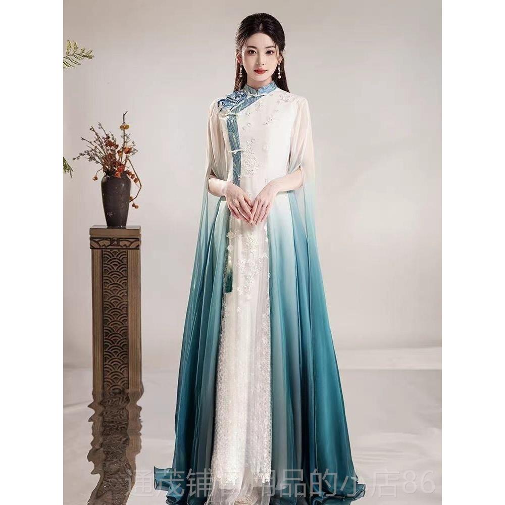 正品新型人古民筝表成演服中式旗演袍水墨长裙表演女式高雅乐表服