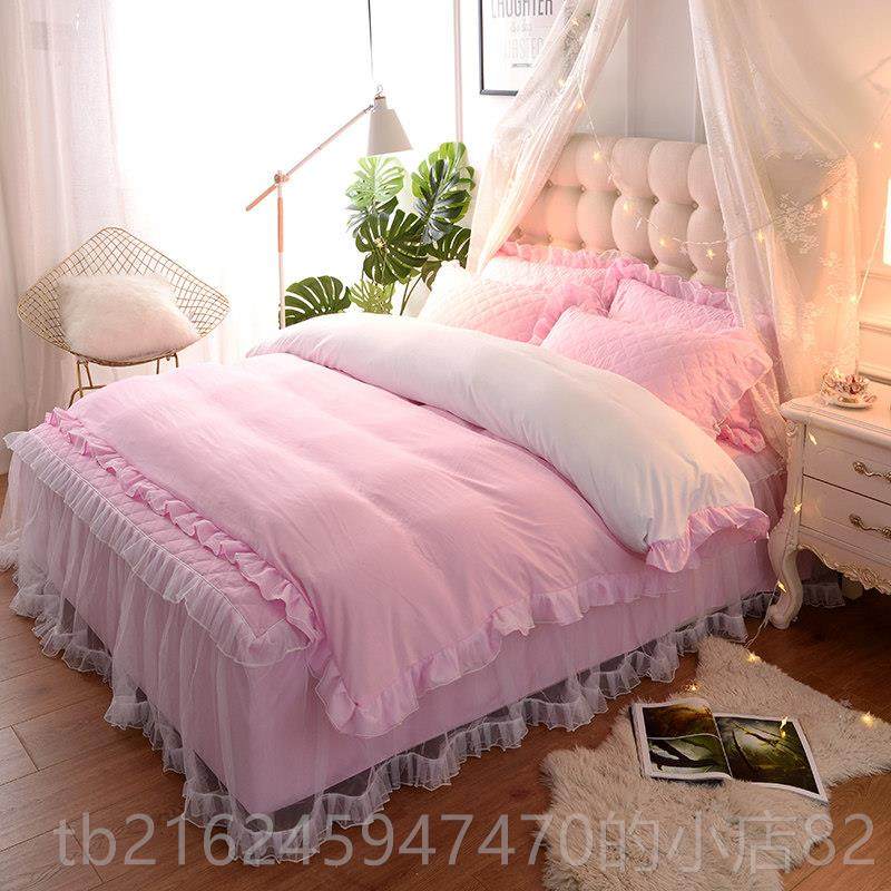 高档公四主风加厚全夹棉床罩裙款床棉纯棉件套秋冬蕾丝少女心床上