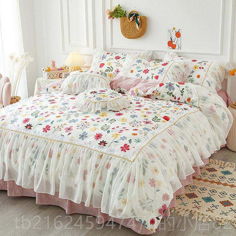 高档红款全棉上四件套纯棉公主风蕾丝荷叶边被套1网8m床裙床式.少