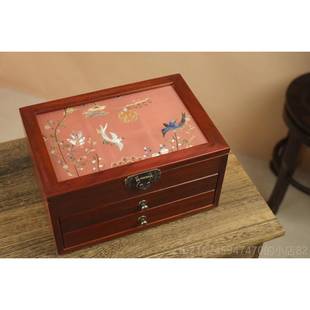 高档墨记国风红汉花梨汉服首饰盒配饰结婚盒古风刺覆古收纳人工绣