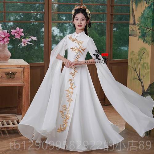 正品孩中式汉古筝表演服装装新代年晚装红主人儿童女合唱服表演服