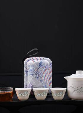国潮文创脂玉玲珑白瓷旅行茶具装一壶四杯快69725档客杯高礼羊品