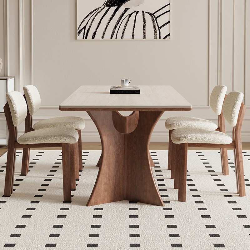 德利丰实木岩板餐桌胡桃色家用法式奶油中古风高端小户型全托饭桌