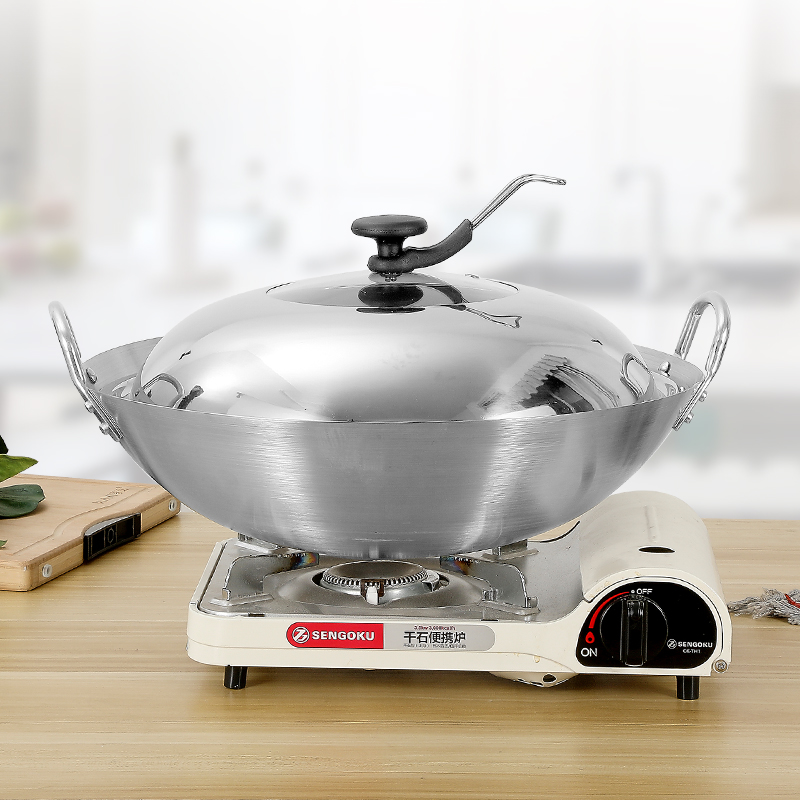 不锈钢耳炒锅可视炒菜锅圆底大号爆炒锅饭店厨师灶专用大锅