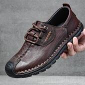 高档春秋真皮男鞋 手工复古百皮搭底透气商务休 软面软防滑爸皮爸鞋