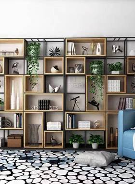 铁艺隔板物置物公架HDQ办室屏风现代实木书落架地展示架工业风置