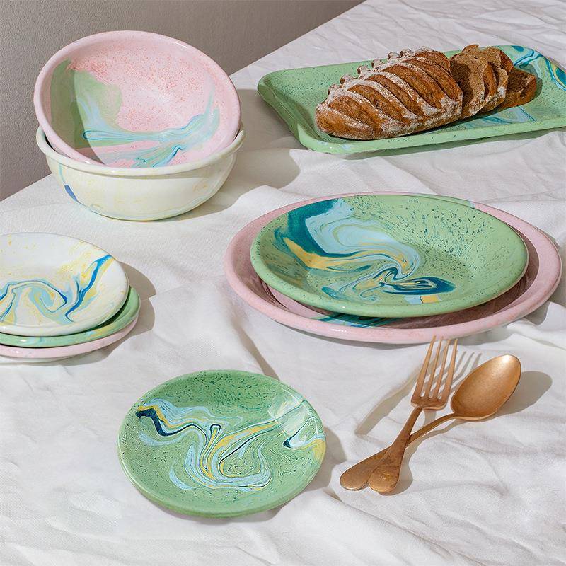 61K3耳大理石纹搪瓷餐具盘子圆其形水甜果餐土盘早餐品672盘点心