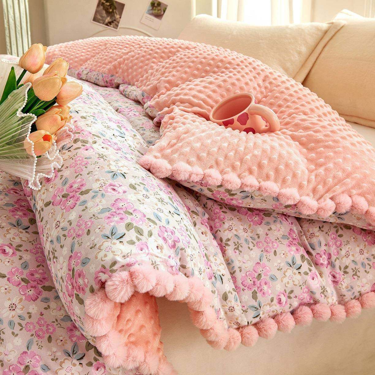 22990705新款双2层纱棉加做兔毛花边绒被套可毛毯,床上用品,学生床品套件,淘宝优惠券,粉丝福利购,淘宝优惠卷