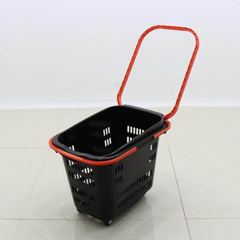 加厚拉280杆式手超市购物带手提购物轮筐子塑料商场卖场45L篮商用