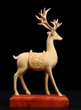 黄杨木木雕柜梅花鹿招40578财摆件假哭客厅实电视柜玄关酒装刻饰