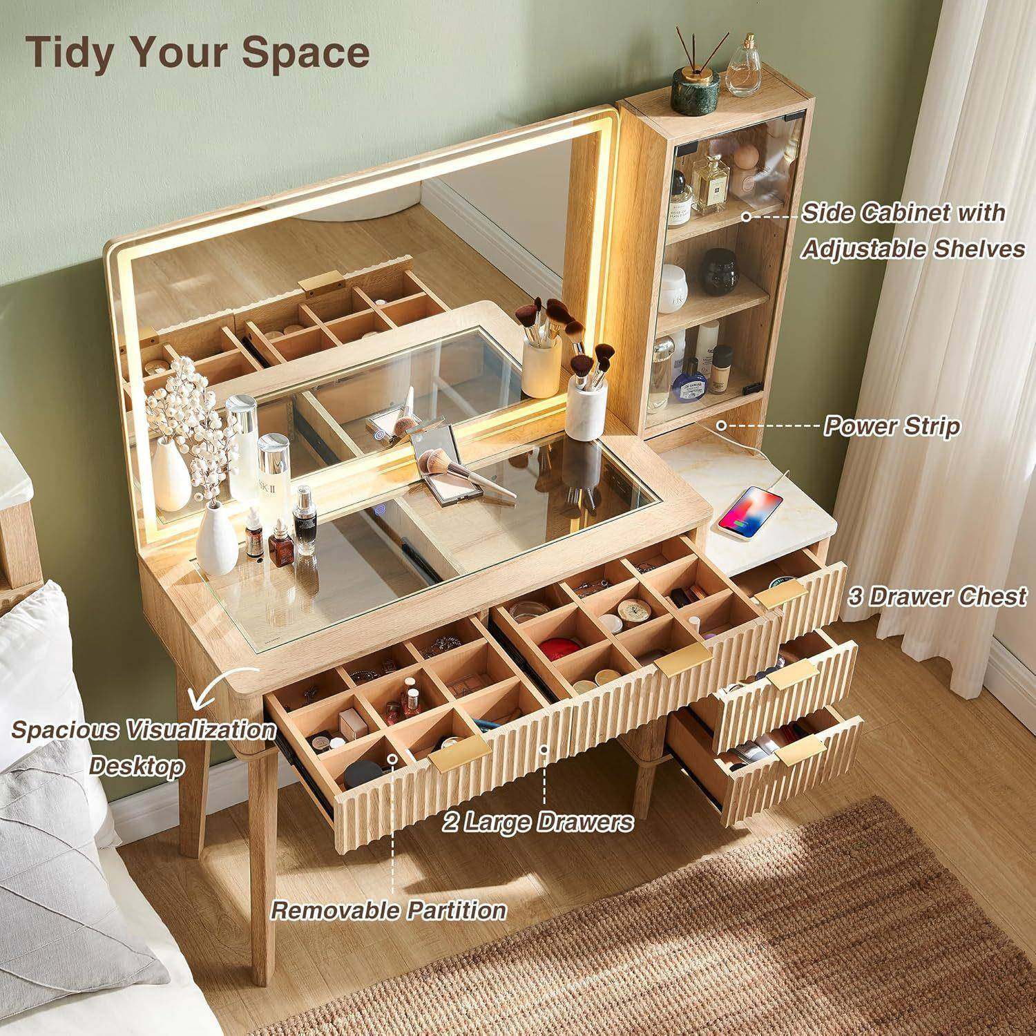 妆轻奢现代梳台Led灯超大存约储LZM多抽屉收纳简式智能镜化妆桌