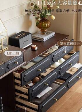 法床式复古实木尾妆镜收台一体美式卧室斗PWN柜黑色纳翻盖梳妆台