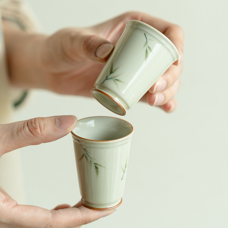 观策器隐纯手绘筱竹小高足圆杯陶瓷主人杯闻香杯家用聚香杯喝茶杯