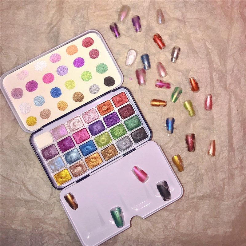 珠光色固体水彩颜料美甲缠花ES三折页铁盒满天星国画国风闪粉