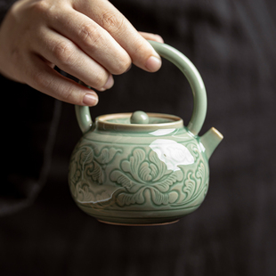 草木祠 越窑青瓷手工刻花提梁壶过滤泡茶壶家用壶承干泡台茶点盘
