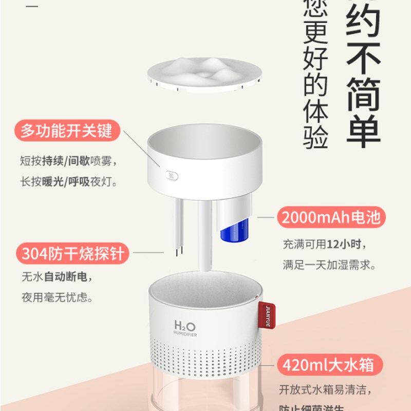 雪山景观加湿器充电迷你静音大喷雾卧室客厅床头小夜灯补水保湿