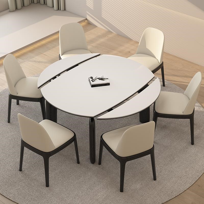 德利丰可伸缩岩板餐桌家用黑色小户型奶油中古风高端方圆两用餐桌